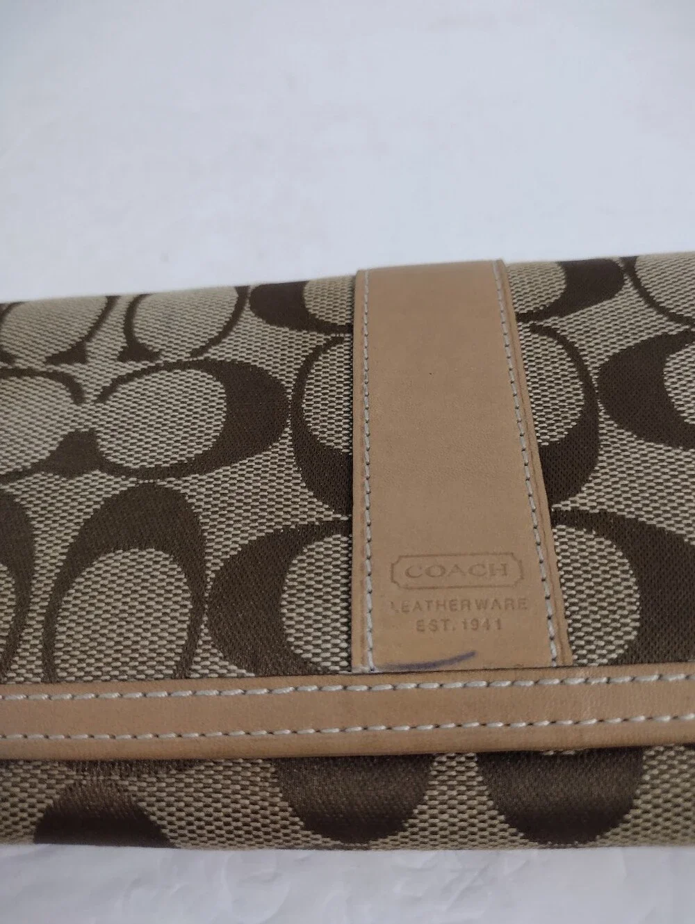 Coach Vintage Signature Kisslock  Wallet Khaki Canvas Brown Leather Leatherware